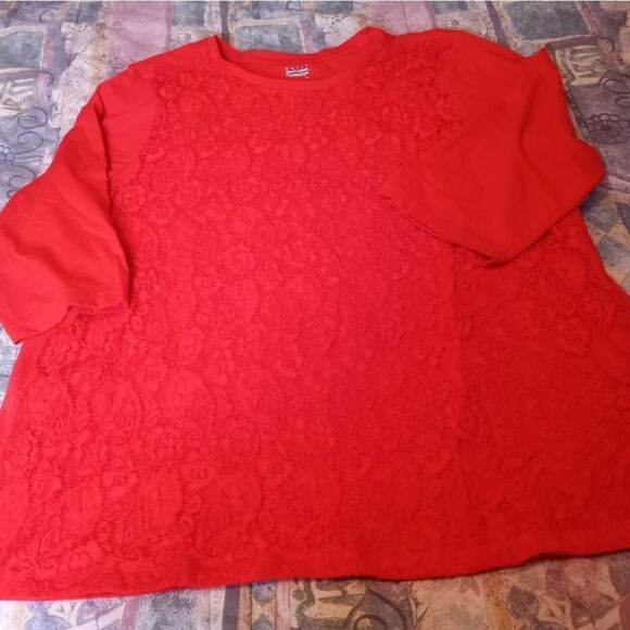Basic Editions Plus Size 2X Red Lined Lace 3/4 Sleeve Women's Top - Picture 3 of 7